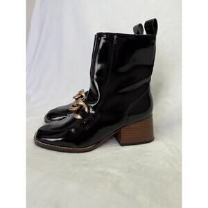 Steve Madden Loreen Black Patent Chunky Heel Gold Chain Mid Calf Boot 6.5